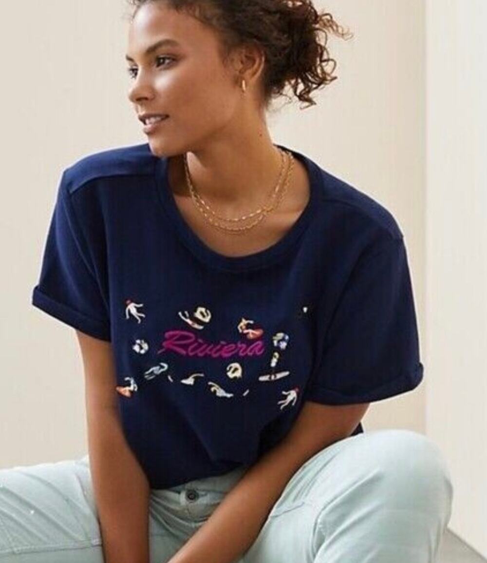 Anthropologie Maeve Sweatshirt Riviera Embroidered Navy Blue Cotton size Medium